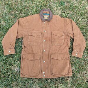 Vintage Barn Chore Jacket Men Large Canvas Leather Collar Farm Work Coat Quilted